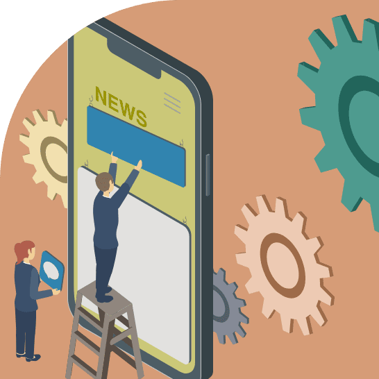スマートフォンの画面を編集している様子を示すイラスト。はしごに乗った人物がニュースセクションをカスタマイズしており、背景には歯車が配置されている。