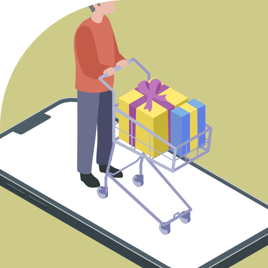 オンラインショッピングを表現したイラスト。スマホの上に立つ人がギフトボックス入りのカートを押している様子