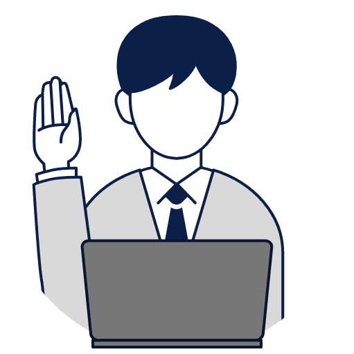 ノートパソコンを前に、手を挙げて挨拶をしている男性のイラスト