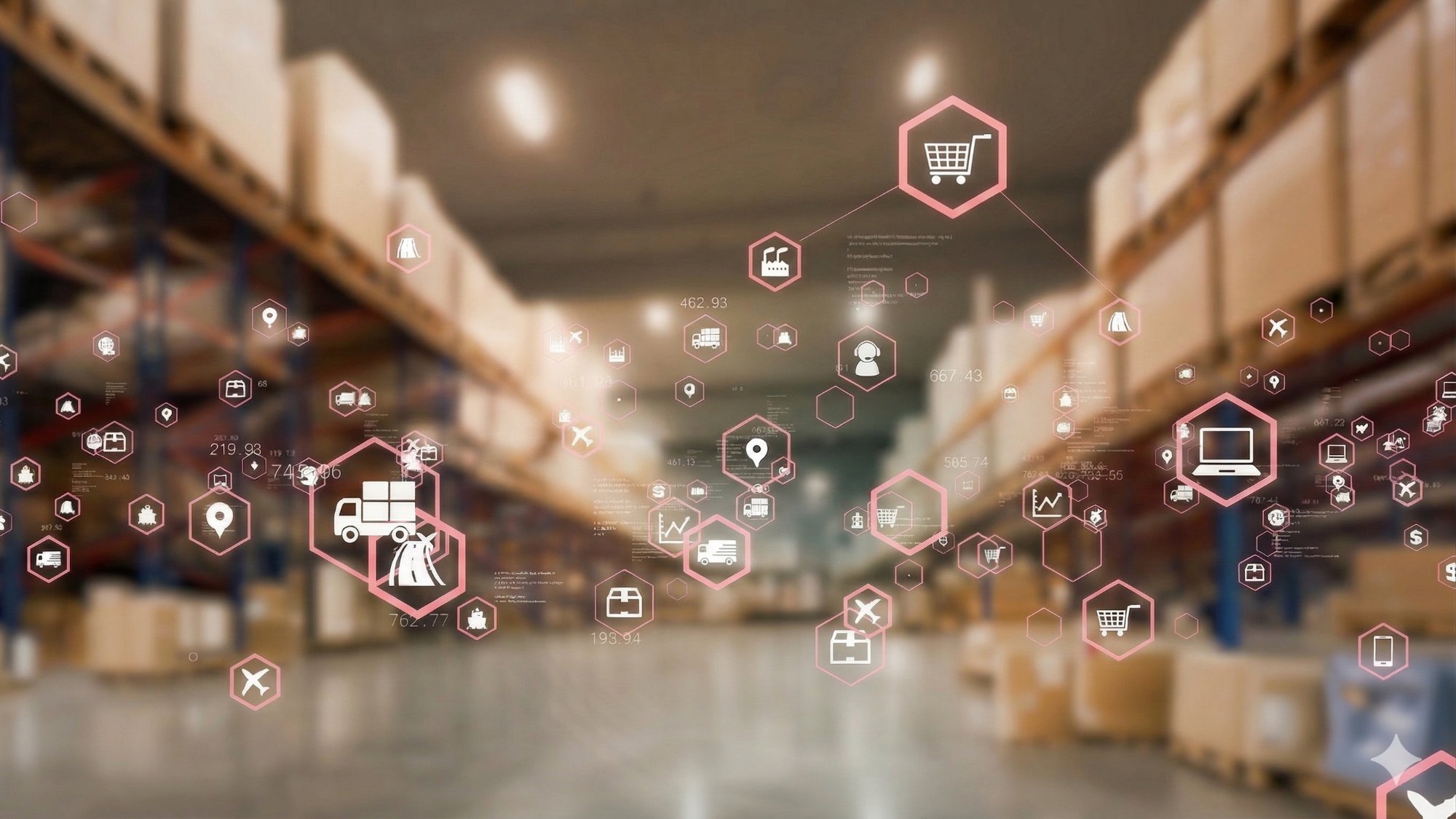 倉庫でノートPCを持ち、業務改善を笑顔で語り合うスタッフ